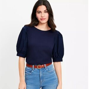 LOFT Navy Puff Sleeve Mixed Media Cotton Blouse women’s Size Medium
